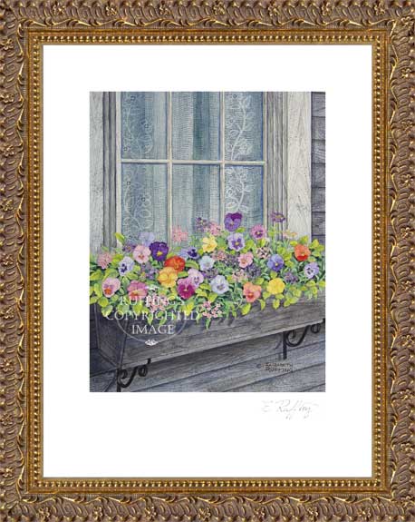 Window Box with Pansies by Elizabeth Ruffing, Print Framed