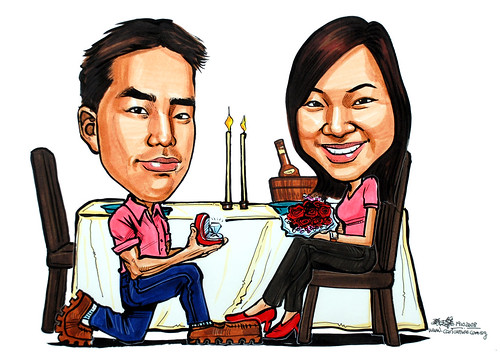 Couple caricatures proposal at a restaurant with diamond rings and flowers