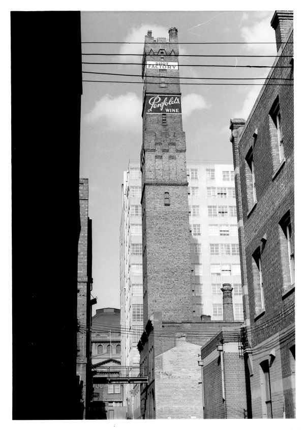 the coops shot tower. the brick romanesque tower dominated the skyline