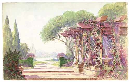 011-jardines-acuarela-Garden drop with a fountain under a classical arbor. The composition includes a pathway leading to a lake