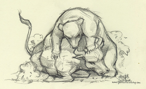 pencil illustration - bull and bear fighting