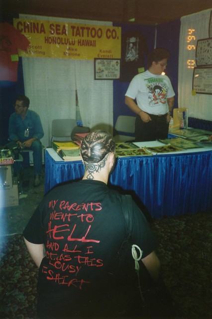 San Diego Tattoo Convention 1994. 2nd Day of work on his head - tattoo by Paul Booth Also, standing in front of China Sea Tattoo booth!