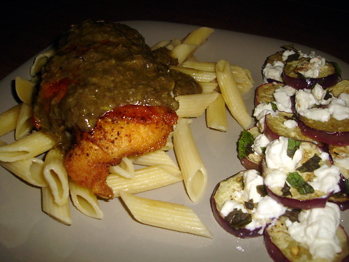 Chicken over pasta with eggplant