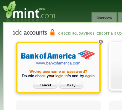 Mint.com screenshot showing: wrong username/password