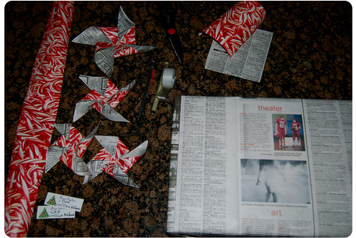what you need for newspaper pinwheel gift wrapping