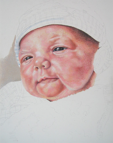 In progress photo of colored pencil portrait entitled Emre, Newborn