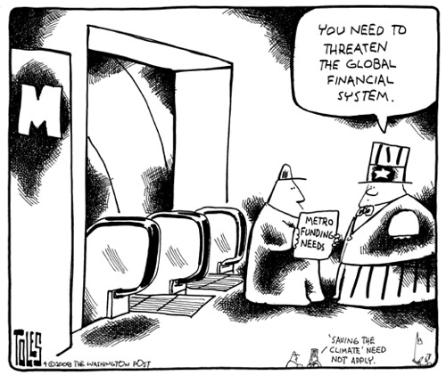 Tom Toles editorial cartoon, 9/29/2008, federal funding for WMATA