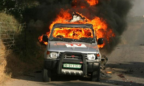 Reporters car shot by an Israelis tank in April resulting in the death of camera man Fadel Shana by Bird Eye.