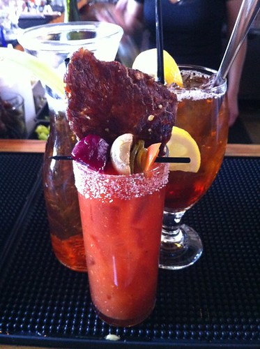 Why, yes, that Bloody Mary *does* have a giant chunk o beef jerky in it! Brunching, PDX style.