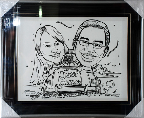 Couple wedding caricatures in black border V-groove silver frame