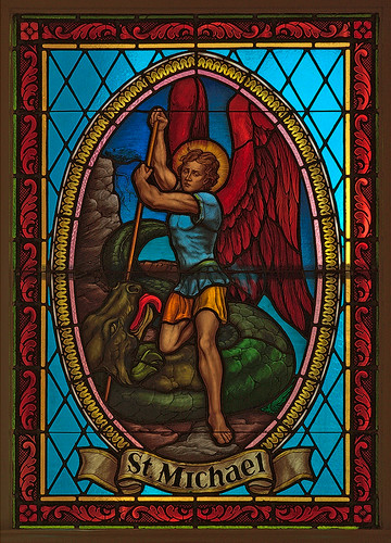 Saint George Roman Catholic Church, in New Baden, Illinois, USA - stained glass window of Saint Michael