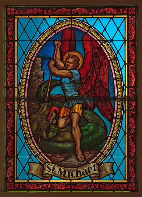 Saint George Roman Catholic Church, in New Baden, Illinois, USA - stained glass window of Saint Michael