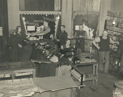 Konstanty Kaminski's Shoe Repair Shop, c 1937 (Dad, Irene, and Grandma K are in picture) Repaired Copy