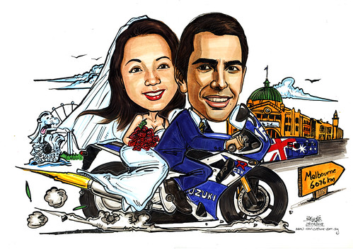 Wedding caricatures on bike from Singapore to Melbourne A4