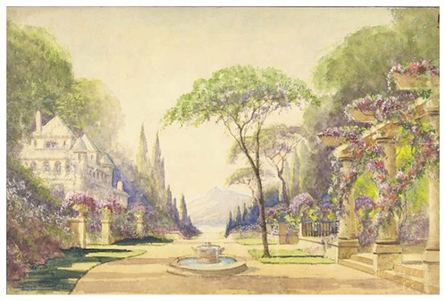 013-jardines-Garden with a fountain, a house and Doric Columned arbor. Mountains in background. Painted on water color paper