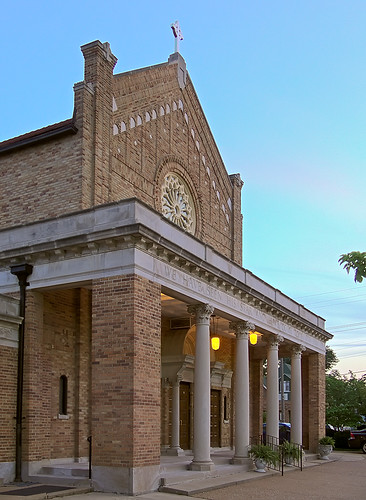 Epiphany of Our Lord Roman Catholic Church, in Saint Louis, Missouri, USA - porch at dusk