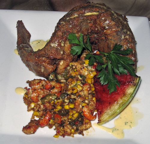 Whole Fried Trout with Corn and Crawfish Hash and Watermelon Caipirinha Sauce