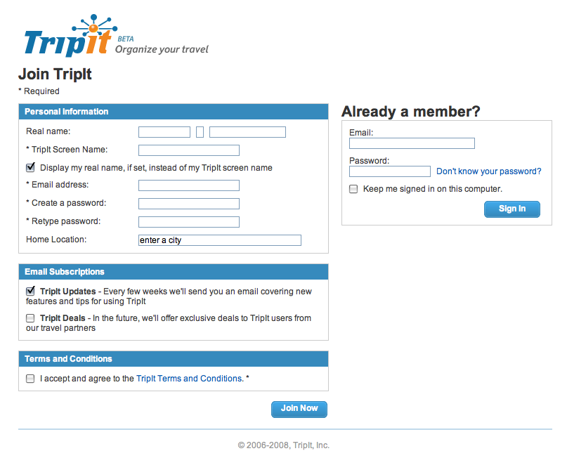 Tripit Signup Form