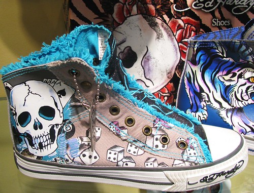 Ed Hardy high top tennis shoes with 8-ball, skulls, dice, tiger, rose, etc.
