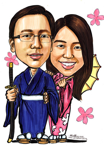 Couple wedding caricatures in Kimono A4