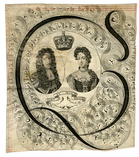 calligraphic Bust portrait of William III and Mary in state robes