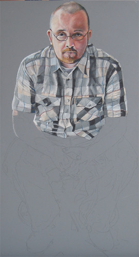 In progress photo of colored pencil drawing entitled Self Portrait V