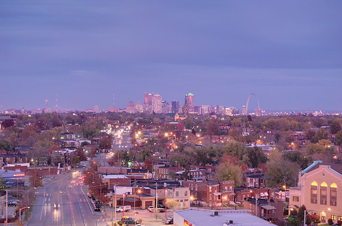 View from the top of the old South Side National Bank Tower, in Saint Louis, Missouri, USA - view of downtown at sunset