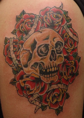 skull and roses tattoo. cropped skull n roses