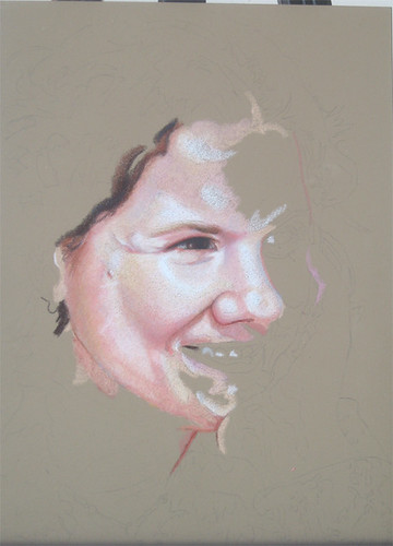  In progress photo of colored pencil portrait entitled Jan.