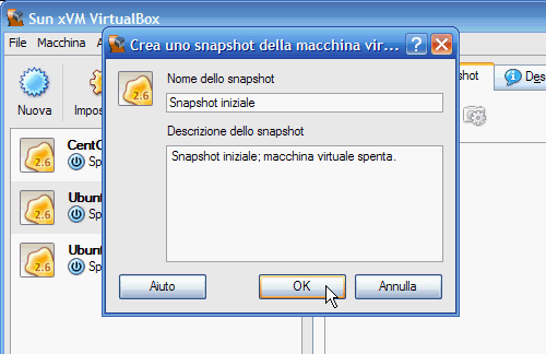 Fig 4 - VirtualBox snapshot - finestra di dialogo creazione snapshot