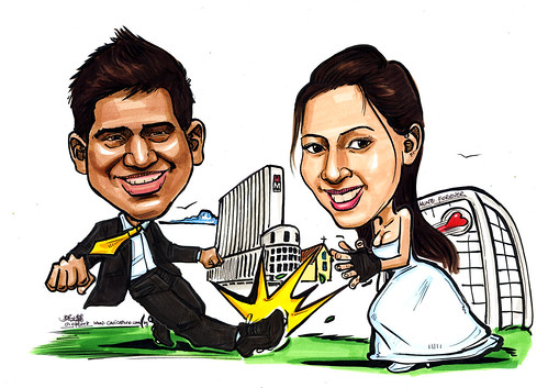 Couple wedding caricatures Striker and Goalkeeper M Hotel church