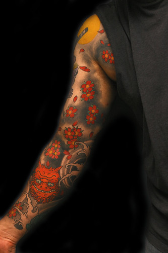 Oni fiddle masks blossoms sleeve by Filip Leu tattoo by Filip Leu