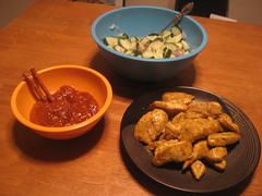 Chicken satay with peanut sauce and cucumber salad