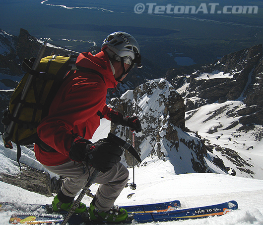 Steve Romeo skis the Glacier Route on the Middle Teton
