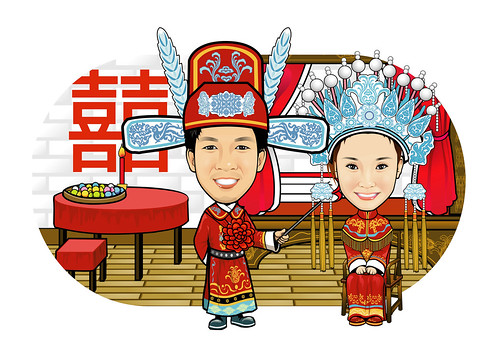 Q-Digital Caricatures couple traditional Chinese wedding 中式婚禮-大抱枕