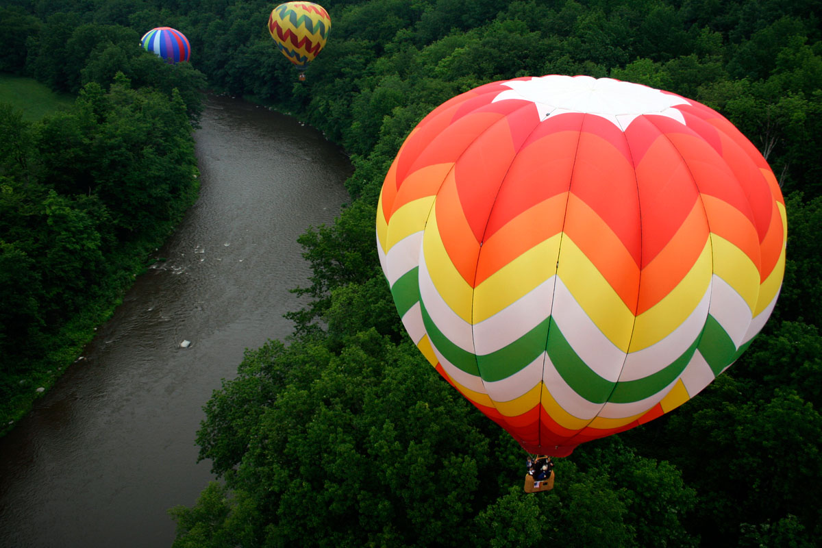 Over the Ottauquechee River, Quechee Vermont, during the 2008 Quechee Hot Air Balloon Festival