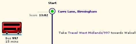 [Transport Direct web page showing Carrs Lane as start of route 997]