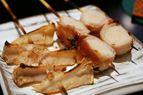 Nankotsu (grilled chicken gristle or cartilage) and scallop bacon kushiyaki