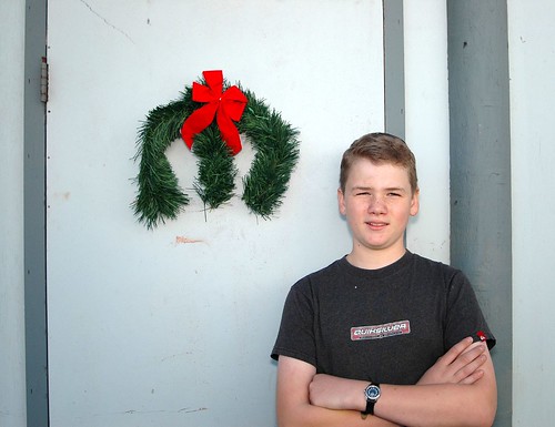 My son with the Mopar wreath he made