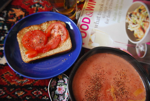 Tomato soup with cheese, toast with tomato and tea