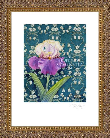 Tan and Purple Iris on Green by Elizabeth Ruffing Framed Print