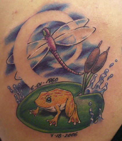 frogs tattoos. Dragonfly With Frog Tattoo