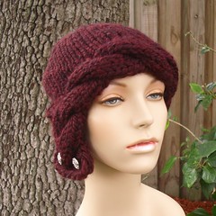 Chunky Cabled Cloche Hat in Claret with Rhinestone Buttons
