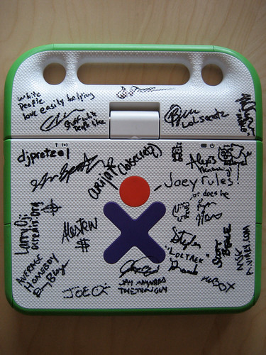 other side of ROFLaptop (XO laptop signed by the geeks of ROFLCon 08)
