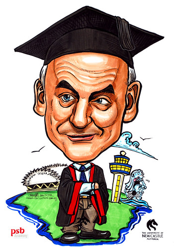 Caricature for PSB Academy professor gown mortar board