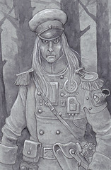 Steampunk Vampire - A Russian officer who also happens to be a vampire, his mesmeric gaze can stop a victim in their tracks. Another line and wash drawing heightened with white.