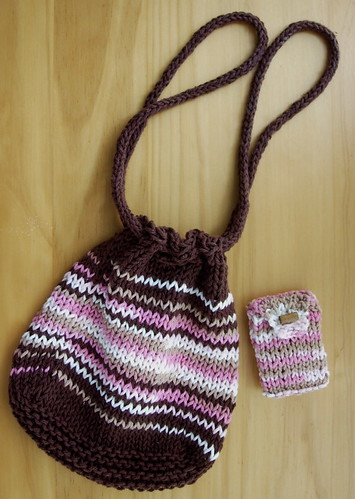 Brown and Pink Cotton Knit Purse -- Purse and Pouch