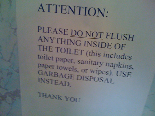 Attention: Please DO NOT flush anything inside of the toilet (this includes toilet paper, sanitary napkins, paper towels, or wipes.) Use garbage disposal instead. THANK YOU