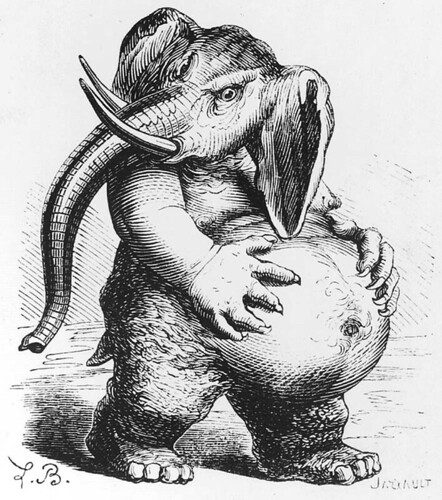 008-Béhémoth- Un pesado y  estúpido demonio, a pesar de su dignidad.... sus poderes están en la glotonería y el placer de la comida- Dictionnaire Infernal 1863