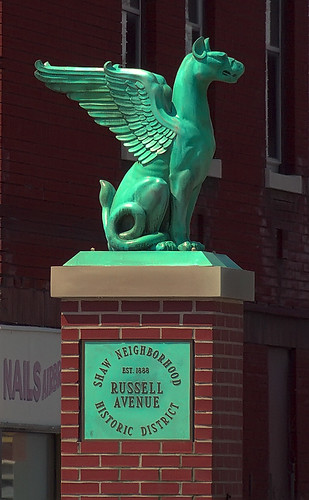 Mythological beast on gatepost in Shaw Neighborhood, in Saint Louis, Missouri, USA